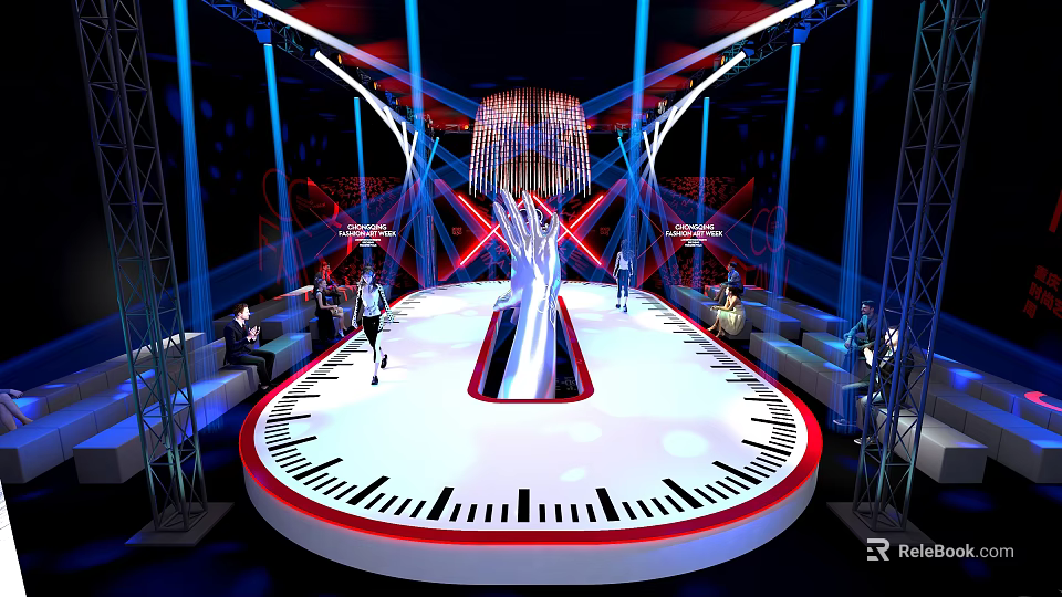 Fashion Runway Stage Design With White Platform Red Border Black White Stripes And Lighting 3d model 