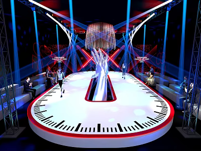 Fashion Runway Stage Design With White Platform Red Border Black White Stripes And Lighting 3d model