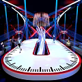 Fashion Runway Stage Design With White Platform Red Border Black White Stripes And Lighting