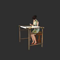 A woman in floral cheongsam mixing paint on wooden table with art supplies
