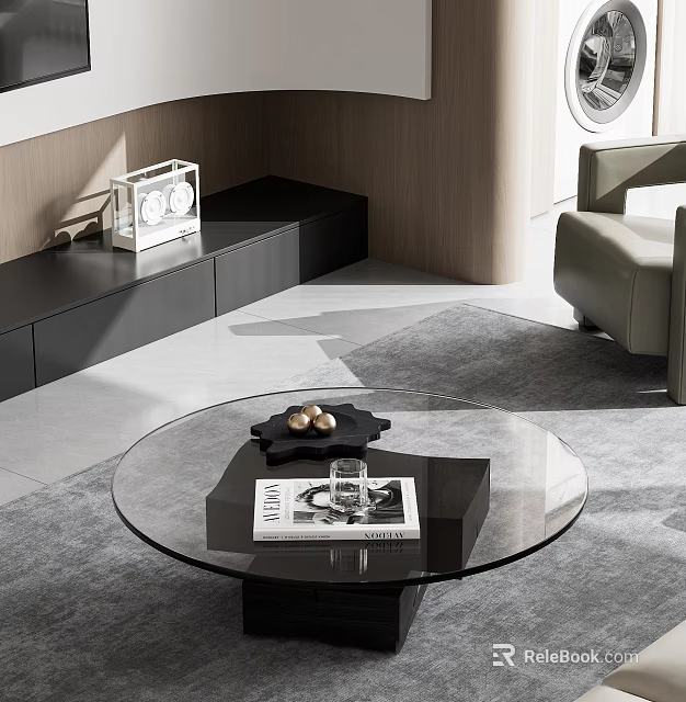 Round Glass Coffee Table With Black Tray Gold Decorative Balls And Magazine On Gray Rug 3d model 