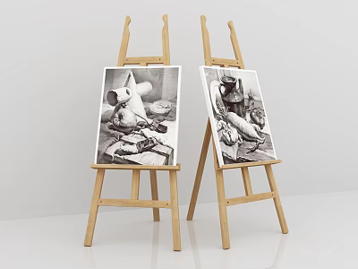Wooden Easels Displaying Black And White Still Life Sketches With Rabbit And Objects 3d model