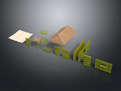 Rural Scene Components With Thatched Roof Green Frames And Wooden Fences 3d model
