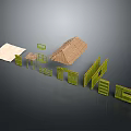 Rural Scene Components With Thatched Roof Green Frames And Wooden Fences