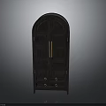Elegant Dark Wood Cabinet With Arched Top Glass Doors Gold Handles And Drawers
