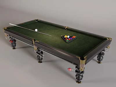 Billiard Room With Green Felt Table Black Frame Cue Stick And Colored Balls 3d model