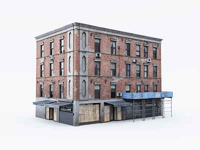 Multi Story Red Brick Building With Ground Floor Shops Awnings And Scaffolding 3d model