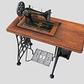 Vintage Sewing Machine On Wooden Table With Metal Frame And Storage Shelf