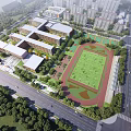Modern School Building Exterior With Green Lawn Trees And Students Nearby