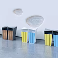 Public Facility Recycling Bins Arranged With Various Colors Wooden Panels White Wall And Gray Floor