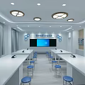 School Science Classroom With Long White Tables Blue Stools And Wooden Cabinets
