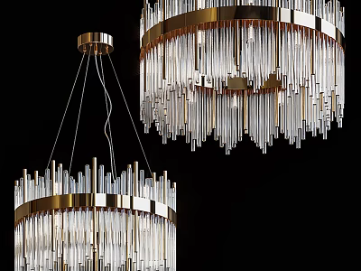 Elegant Modern Crystal Chandeliers With Gold Metal Frame And Transparent Glass Strips 3d model