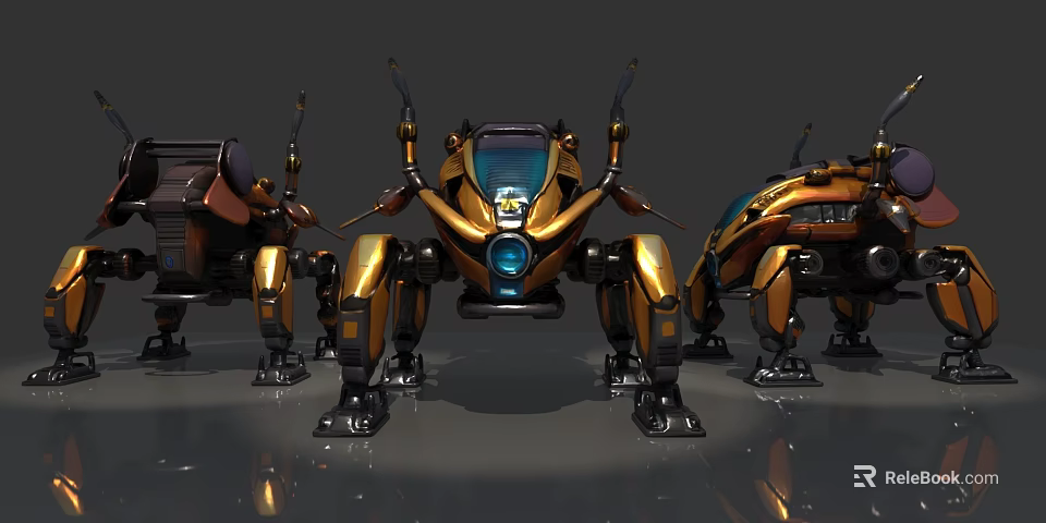 Futuristic Golden Black Robots Standing In Formation With Mechanical Structures 3d model 
