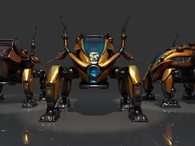 Futuristic Golden Black Robots Standing In Formation With Mechanical Structures 3d model