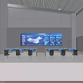 Modern Control Room Featuring Large Digital Screen With Data Charts And Workstations 3d model