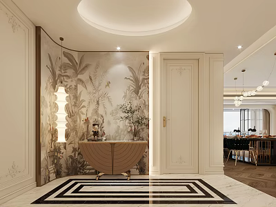 Elegant Modern Open Concept Living and Dining Room with Marble Floor Round Ceiling and Plants 3d model