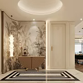 Elegant Modern Open Concept Living and Dining Room with Marble Floor Round Ceiling and Plants