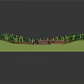 Cartoon Village Scene With Small Brown Houses Surrounded By Green Trees And Blue River