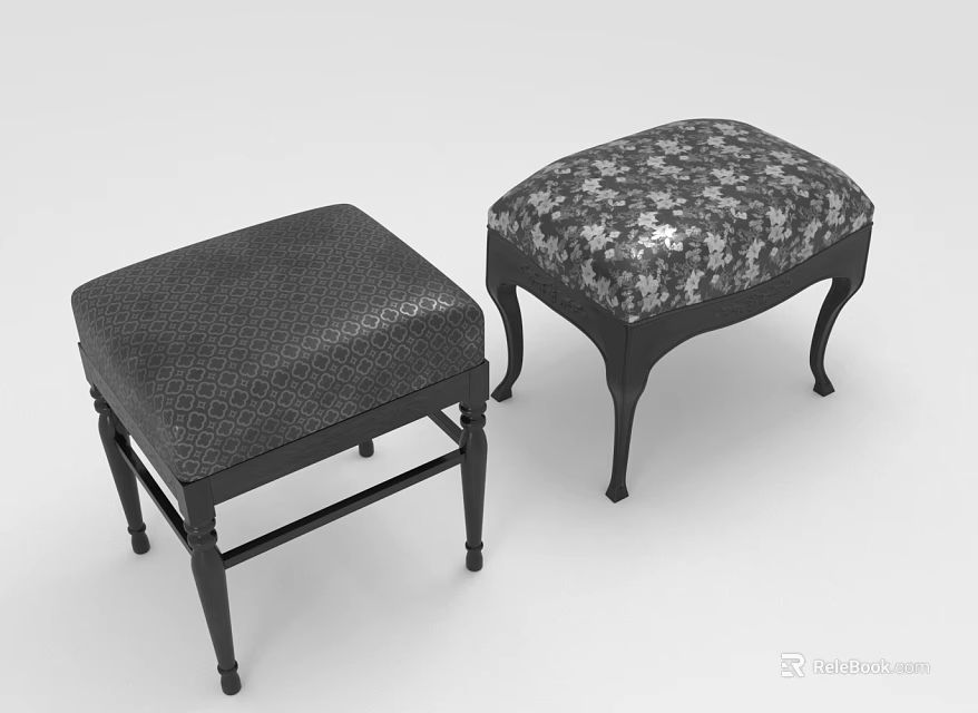 Two Stylish Black Leather and Patterned Fabric Ottomans with Black Legs in Modern Design 3d model 