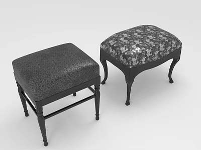 Two Stylish Black Leather and Patterned Fabric Ottomans with Black Legs in Modern Design 3d model