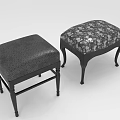 Two Stylish Black Leather and Patterned Fabric Ottomans with Black Legs in Modern Design