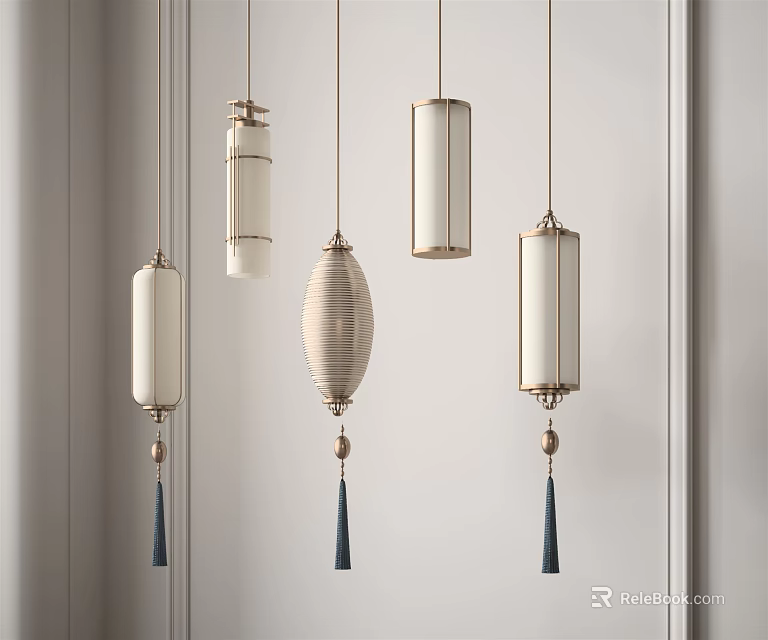 Elegant Modern Pendant Lights With Cylindrical Fabric Shades And Tassel Details 3d model 
