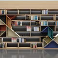 Modern Geometric Bookshelf with Various Shaped Compartments and Colorful Sections Filled with Books