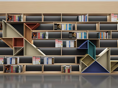 Modern Geometric Bookshelf with Various Shaped Compartments and Colorful Sections Filled with Books 3d model
