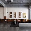 Modern Industrial Café Interior With Brick Wall Wooden Bookshelves Hanging Lamps Bench And Large Windows