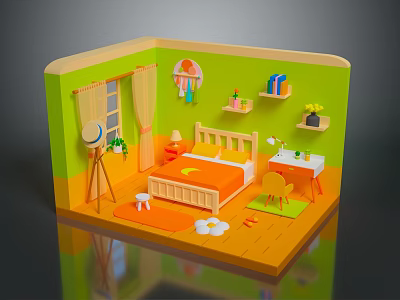 Cozy Bedroom Interior With Green Walls Orange Floor Bed Desk And Shelves 3d model