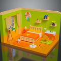 Cozy Bedroom Interior With Green Walls Orange Floor Bed Desk And Shelves