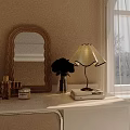 Elegant Table Lamp with Ruffled Shade on White Dressing Table with Red Roses and Mirror