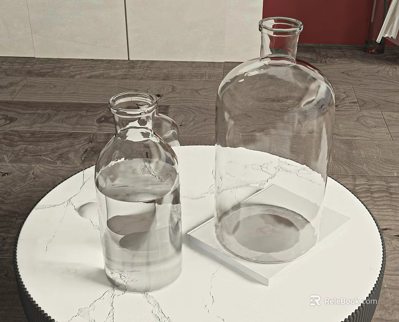 Transparent Ceramic Vessels with Water One on Round White Table Wooden Floor and Red Object 3d model 