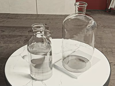 Transparent Ceramic Vessels with Water One on Round White Table Wooden Floor and Red Object 3d model