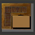 Decorative Indoor Setting Featuring Orange Gold Patterned Chest With Pink Walls And Golden Grille Structure