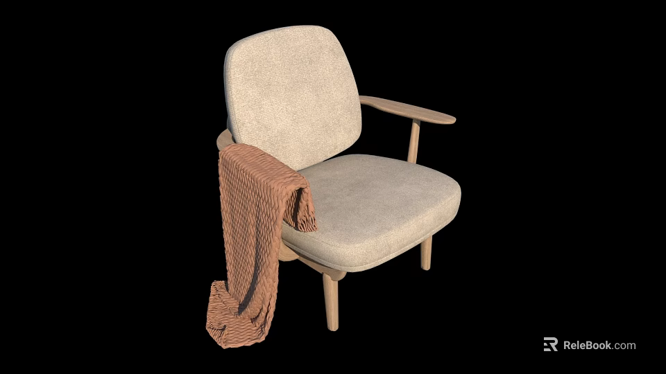 Light Gray Fabric Accent Chair With Wooden Armrests Legs And Brown Knitted Blanket 3d model 