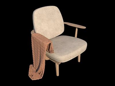 Light Gray Fabric Accent Chair With Wooden Armrests Legs And Brown Knitted Blanket 3d model