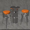 Metallic Circular Bar Counter With Star Emblem And Orange Padded High Stools In Grey Backdrop