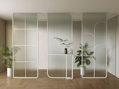 Modern Room Divider Screen With Geometric Lines And Transparent Panels In Interior With Potted Plants 3d model