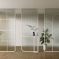 Modern Room Divider Screen With Geometric Lines And Transparent Panels In Interior With Potted Plants