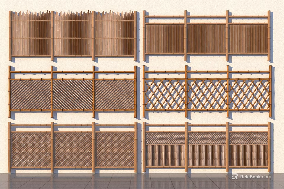 Bamboo Garden Fences With Various Designs Including Lattice And Horizontal Slats 3d model 