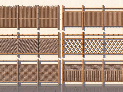 Bamboo Garden Fences With Various Designs Including Lattice And Horizontal Slats 3d model