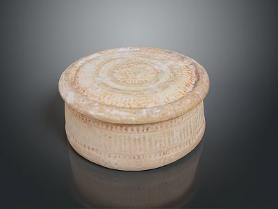 Beige Round Covered Ceramic Box With Textured Surface And Ornate Design 3d model