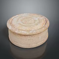 Beige Round Covered Ceramic Box With Textured Surface And Ornate Design 3d model