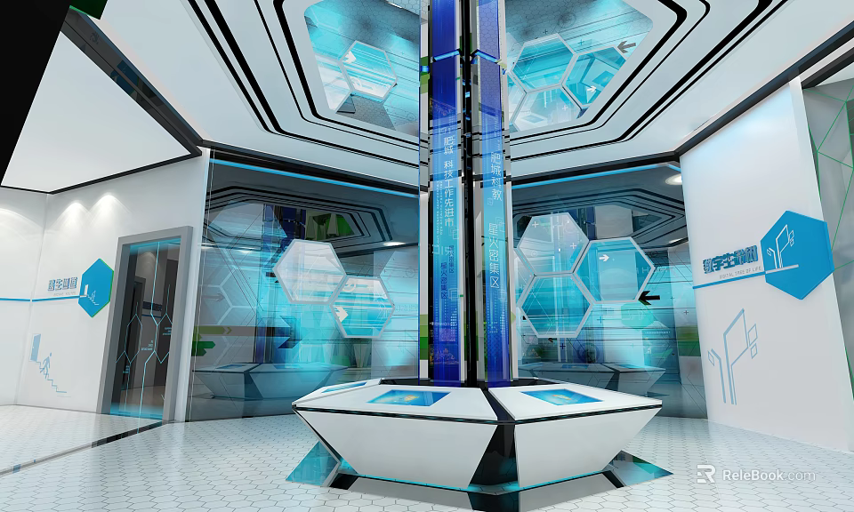 Futuristic Exhibition Hall Interior With Central Blue Column Hexagonal Panels And Interactive Platform 3d model