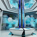 Futuristic Exhibition Hall Interior With Central Blue Column Hexagonal Panels And Interactive Platform