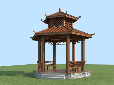 Chinese Style Wooden Pavilion With Traditional Tile Roof On Grassland Stone Base And Benches 3d model