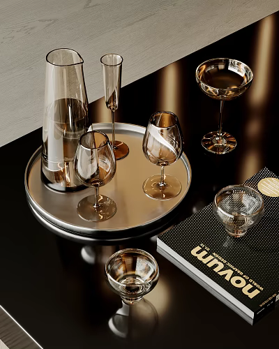 Elegant Glasses on Silver Tray with Bottle and Book on Black Surface 3d model