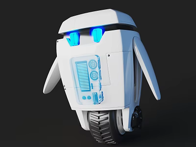 Game Movie Robot Character with White Body Blue Eyes Blue Control Panel and Black Tracks 3d model