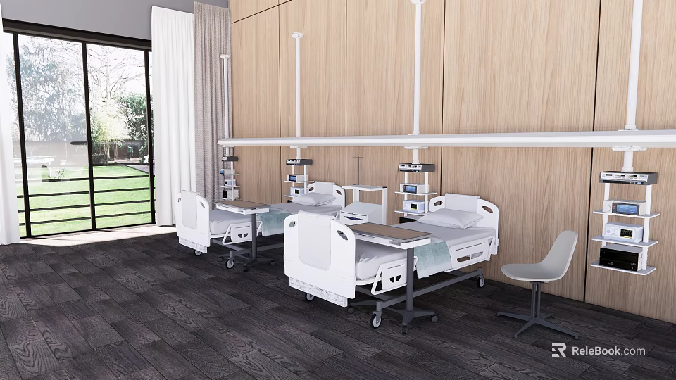 Modern Hospital Ward Interior With Two Beds Wooden Walls Medical Devices And Window 3d model 